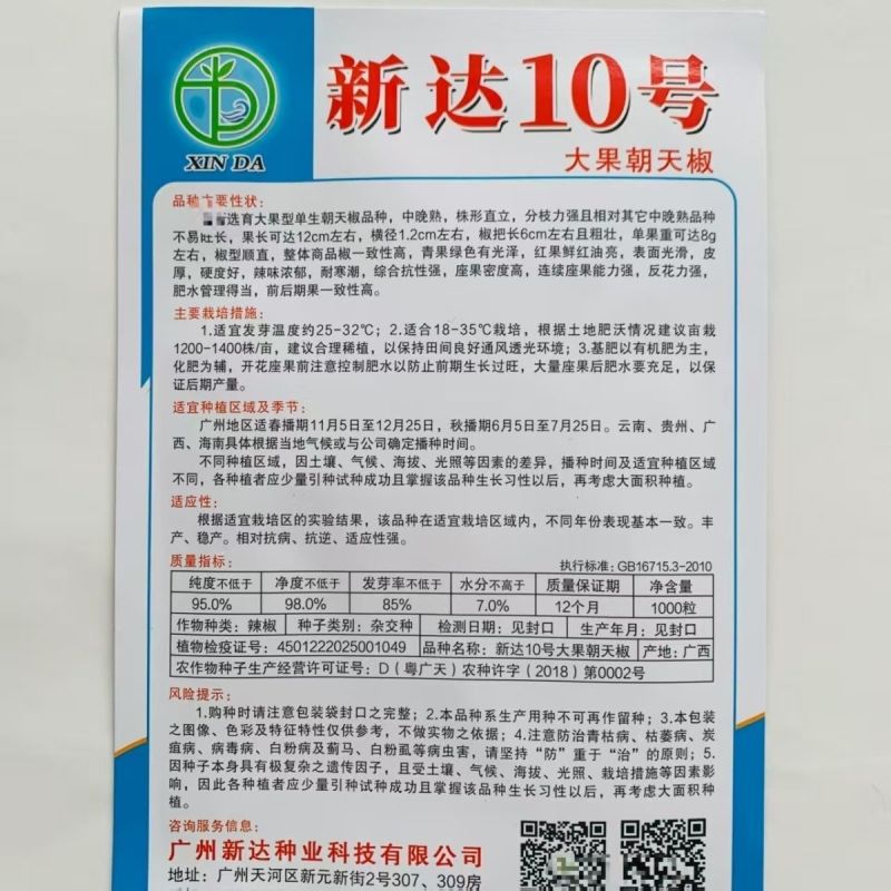 新达10号大果朝天椒种子中晚熟椒形光滑顺直油亮皮厚硬度好