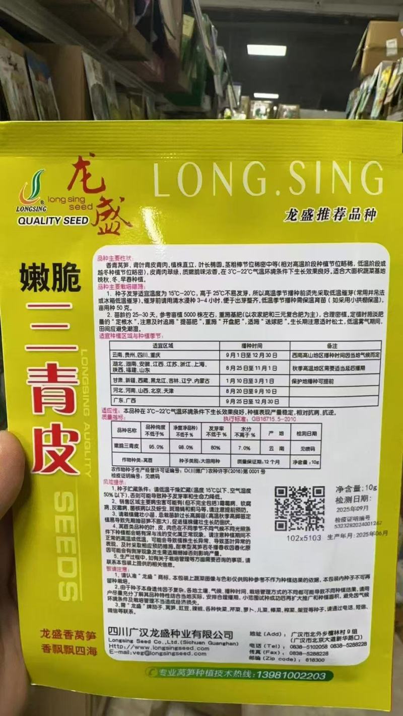 龙盛嫩脆三青皮莴笋种子质嫩鲜脆香味浓耐寒青皮青肉青叶莴笋
