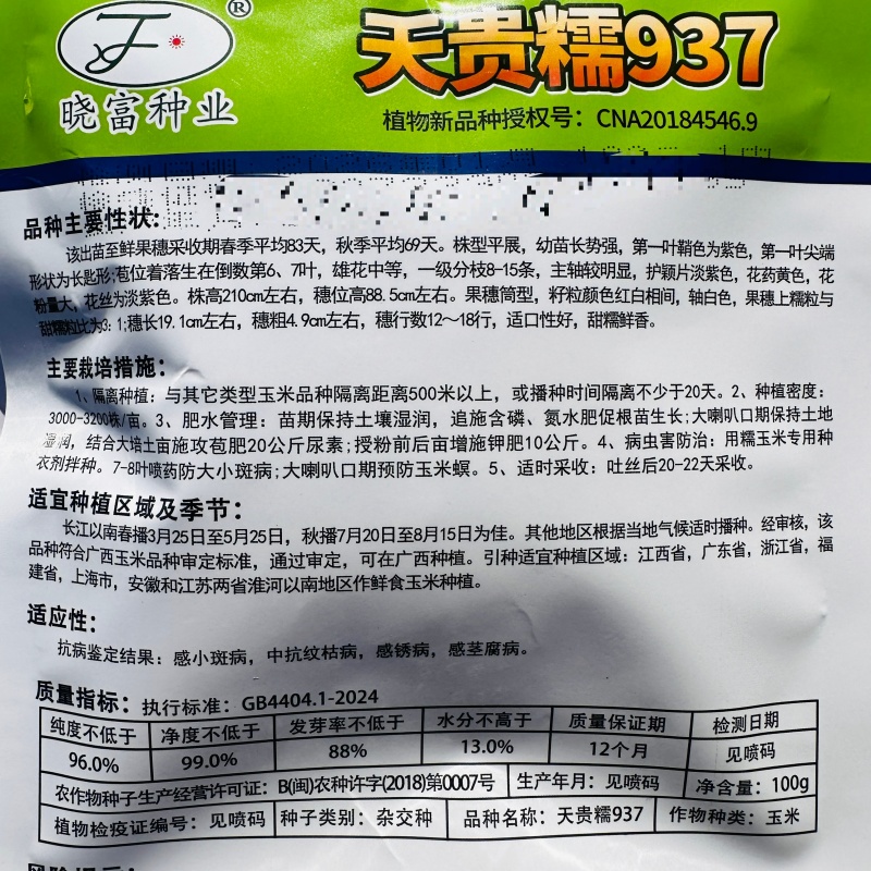 晓富彩甜糯2018宝马玉米种籽天贵糯937玉米种子大棒