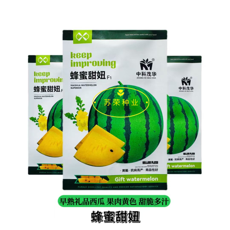 蜂蜜甜妞西瓜种籽早熟杂交礼品黄瓤西瓜种子肉质甜脆多汁耐低