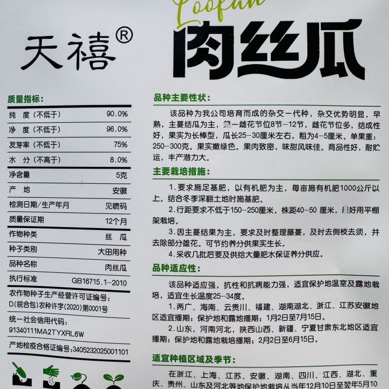 天禧肉丝瓜种籽长棒型丝瓜种子杂交强雌型大肉丝瓜种子春秋