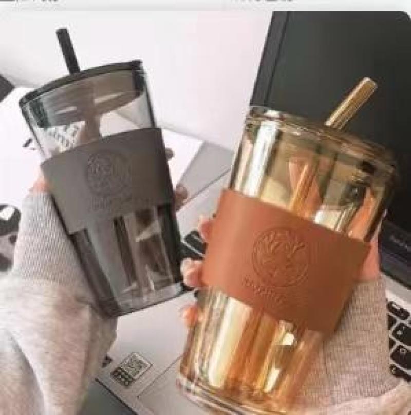 玻璃水杯竹节杯网红风带吸管水杯办公室高颜值礼品水杯