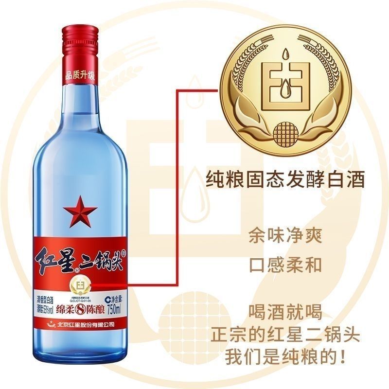 北京总厂红星二锅头53度750毫升蓝瓶绵柔8纯粮清香白酒红星