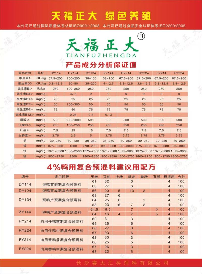 天福正大4%蛋鸭预混料提高产蛋量改善蛋品质延长产蛋