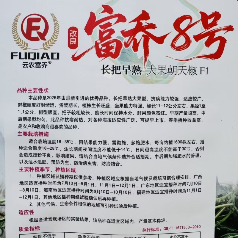 改良富乔8号朝天椒种子升级长把大果朝天椒种子早熟青红两用
