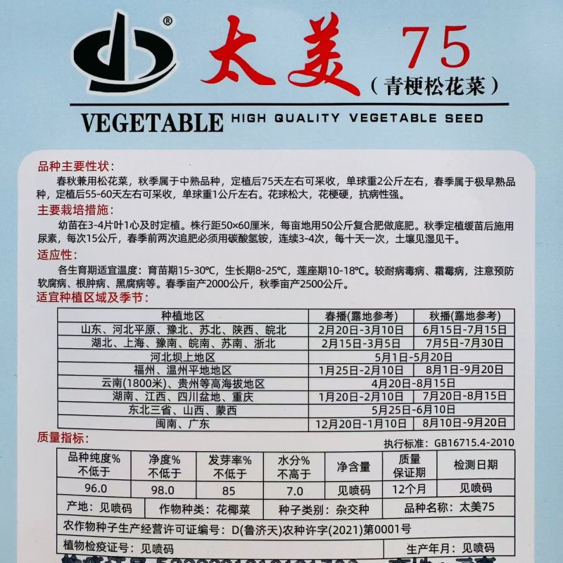 太美75青梗松花菜种子春秋兼用松花菜抗病强花球松大