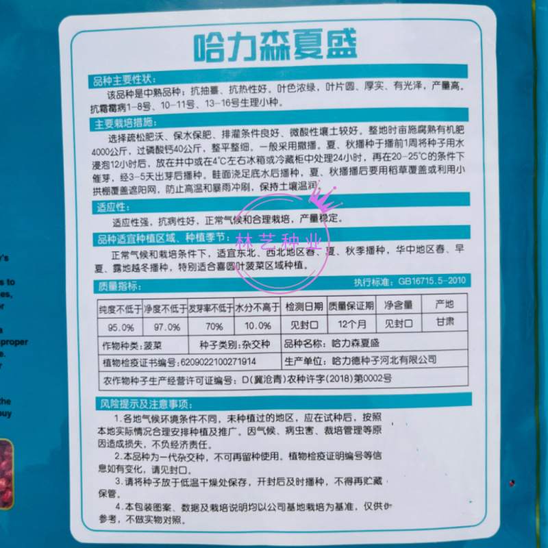 哈力森夏盛菠菜种子抗热抗高温越夏耐抽苔抗病大圆叶菠菜种籽