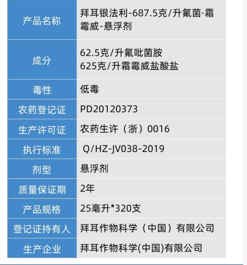 拜耳银法利687.5克升氟菌霜霉威悬浮剂