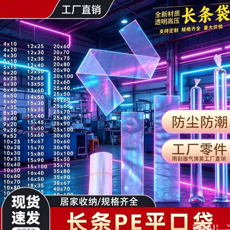 高压PE长条平口袋气弹簧雨刮器直筒透明细长胶袋加厚包装薄