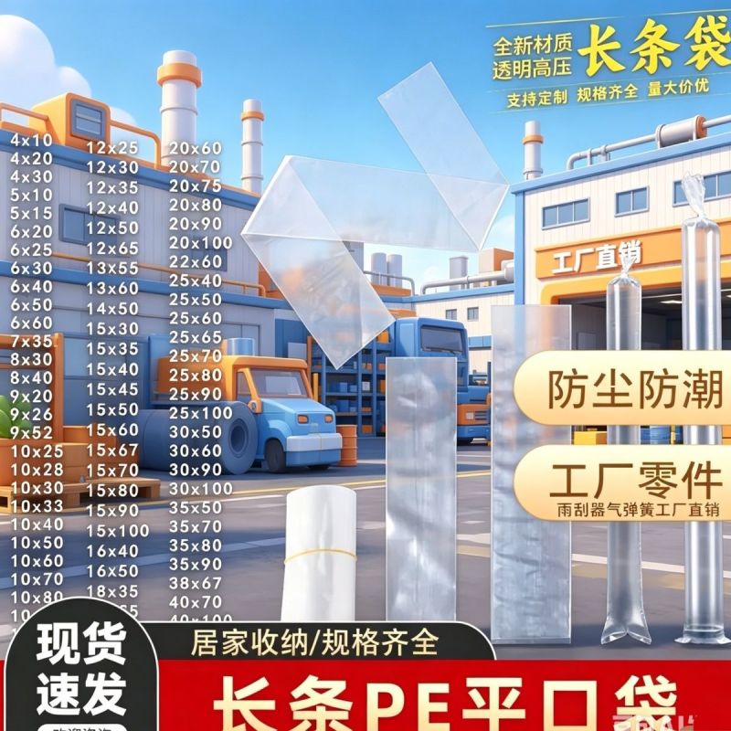 高压PE长条平口袋气弹簧雨刮器直筒透明细长胶袋加厚包装薄