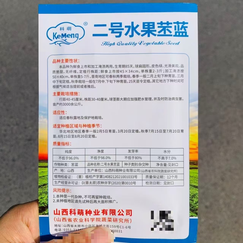 二号水果苤蓝种子晚熟品种皮色绿脆甜无纤维，春秋两季