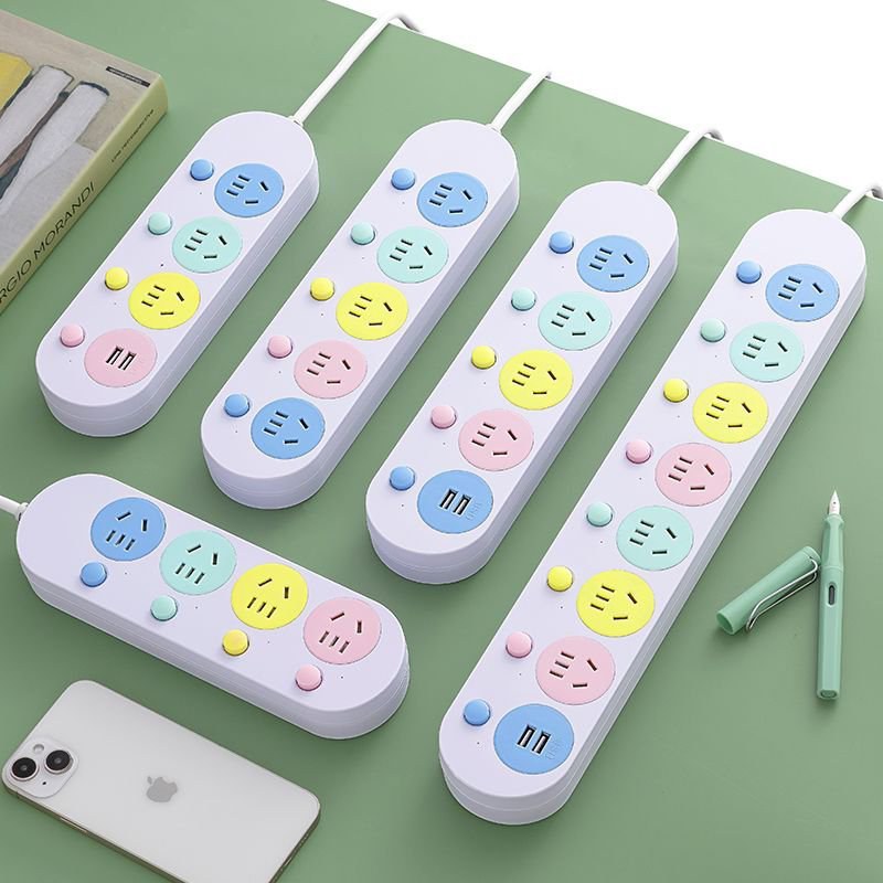 正品家用宿舍彩色插线板分控开关插座多功能多孔带USB手机