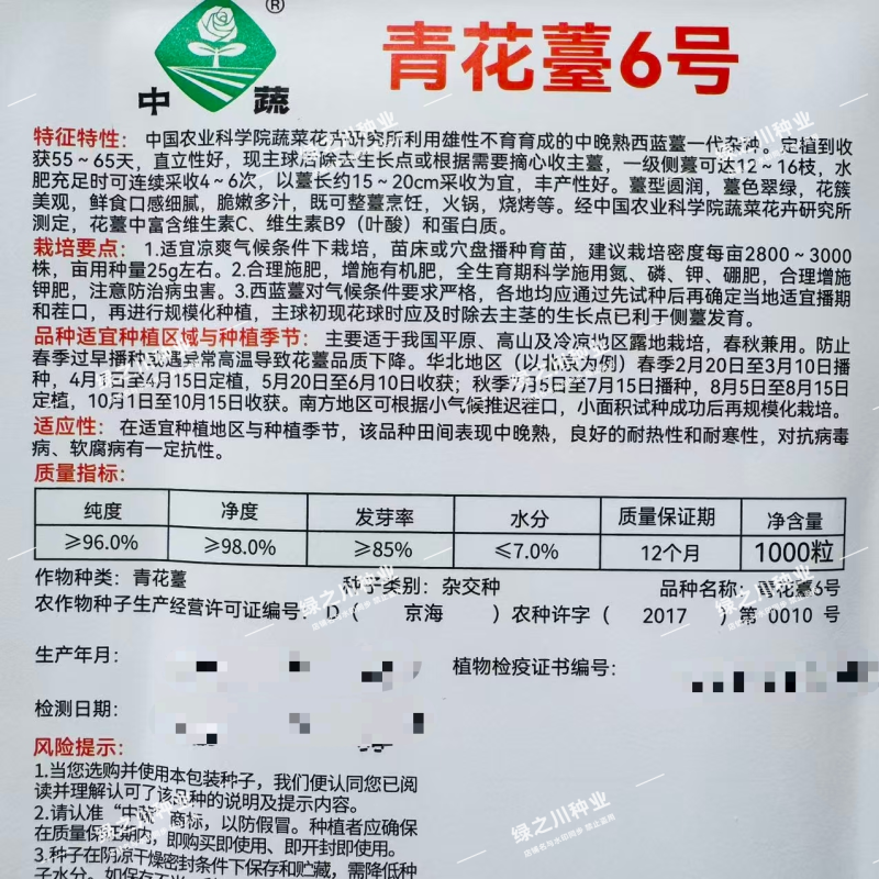 中蔬青花薹6号种子农科院杂交西兰苔种子脆嫩多汁西蓝薹种籽