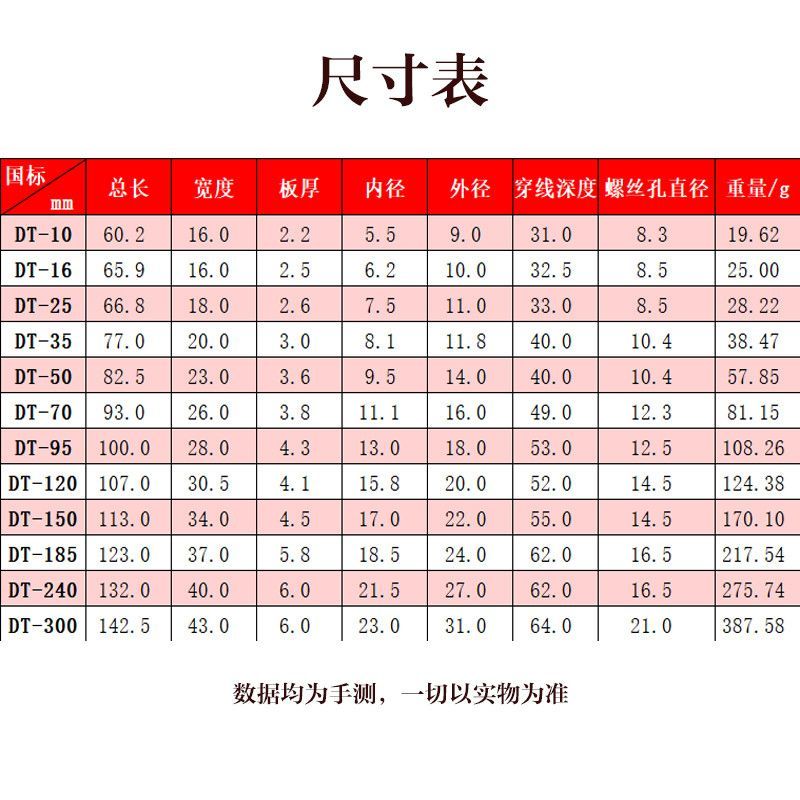 DT4至400平方纯铜紫铜国标铜鼻子电线电缆铜接头铜线耳
