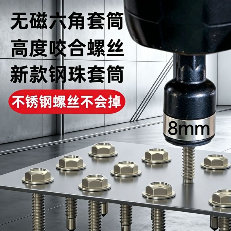 新款钻尾钉螺丝套筒8mm钢珠套筒无磁力套筒批头电钻尾丝套
