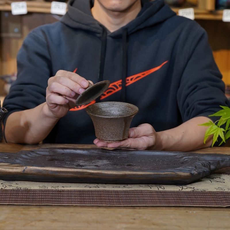 荥经砂锅茶具纯手工粗陶茶盏迷你盖碗无涂层盖碗功夫茶具黑砂