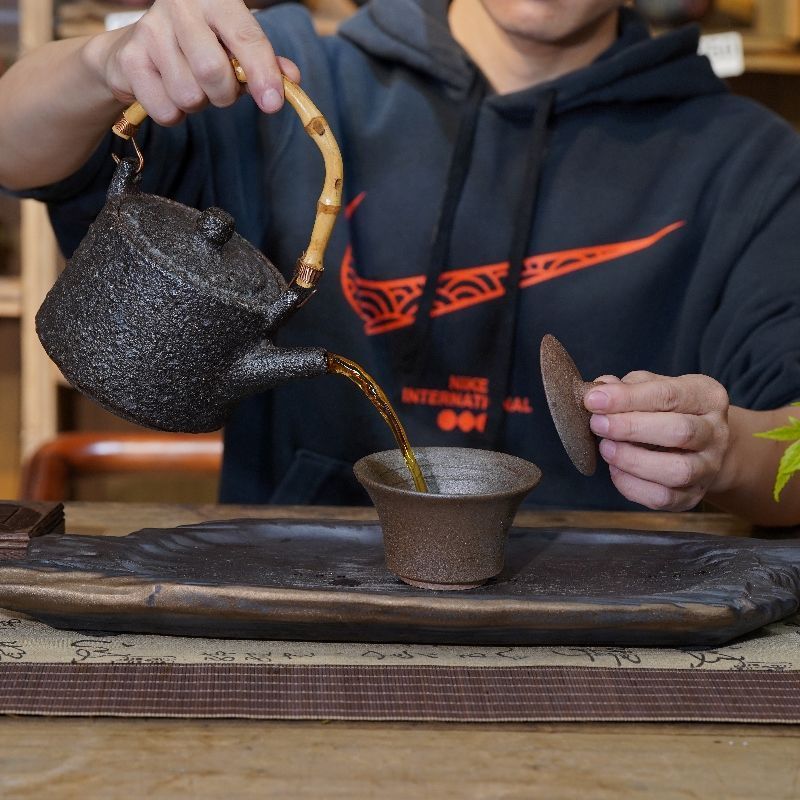 荥经砂锅茶具纯手工粗陶茶盏迷你盖碗无涂层盖碗功夫茶具黑砂