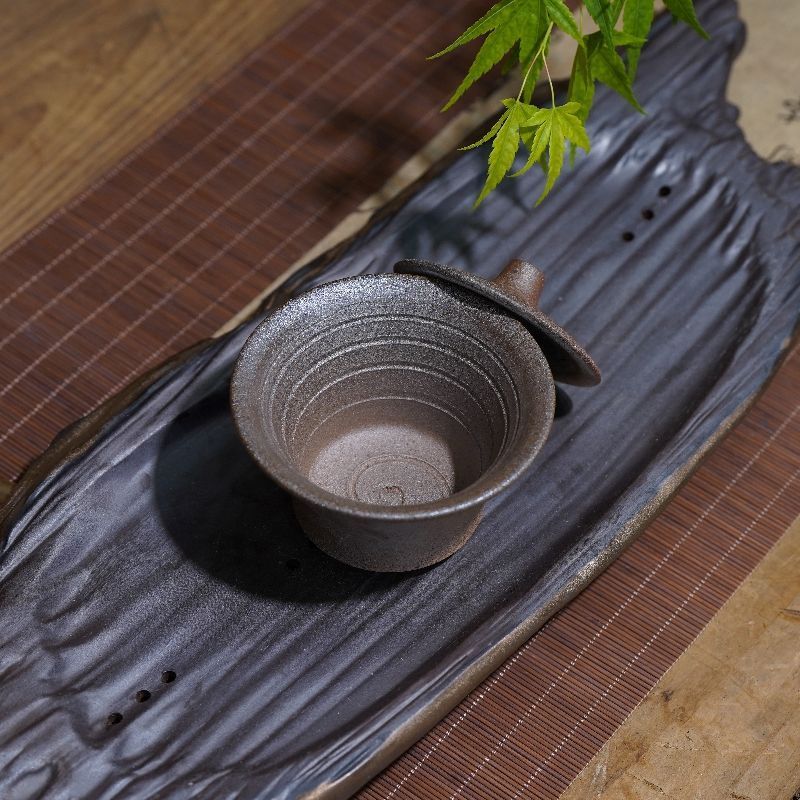 荥经砂锅茶具纯手工粗陶茶盏迷你盖碗无涂层盖碗功夫茶具黑砂
