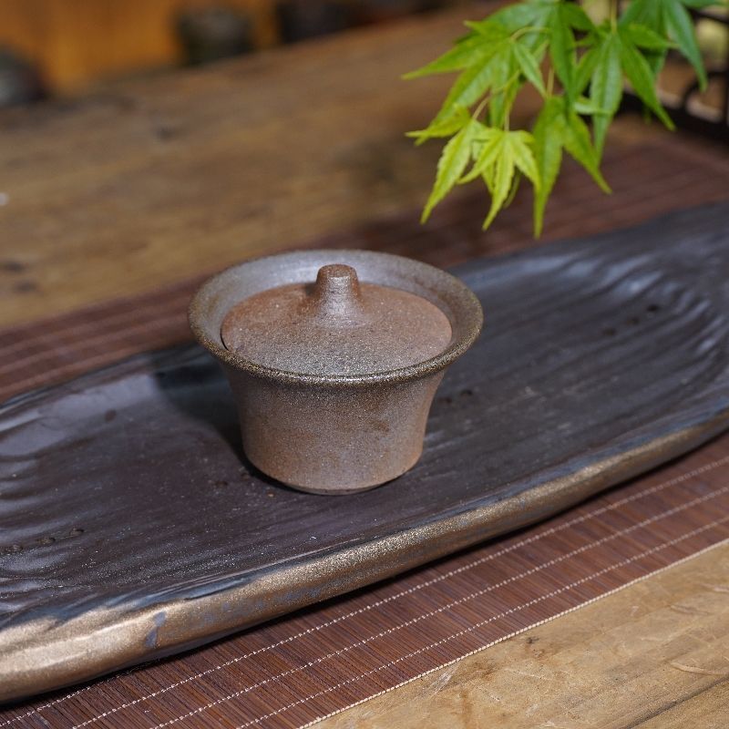 荥经砂锅茶具纯手工粗陶茶盏迷你盖碗无涂层盖碗功夫茶具黑砂