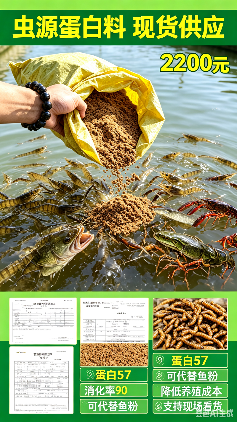虫㷧蛋白料，适合鱼虾蟹水产蛋白57可吸收率90可直代饲料