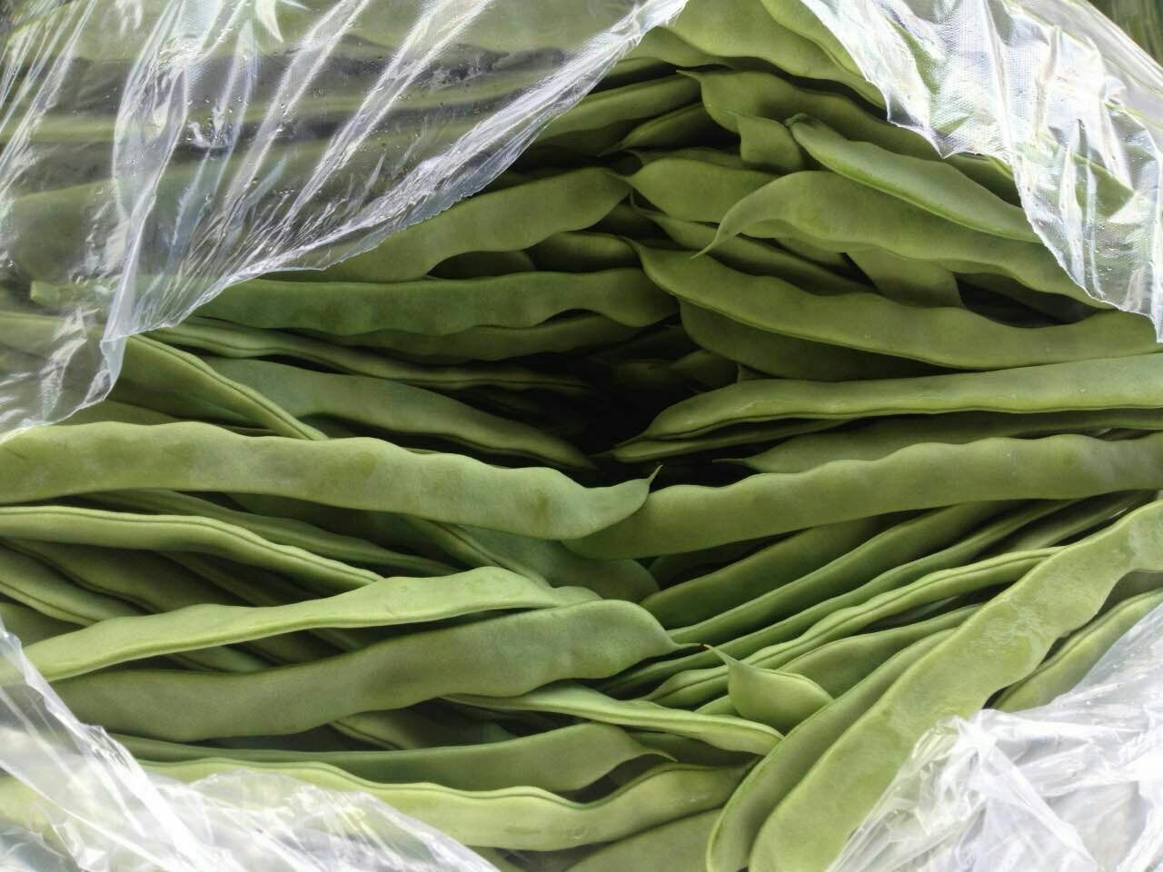 新鲜的刀扁豆成捆摆放在菜市场中,绿色外皮光滑,形态修长 刀扁豆的特写图