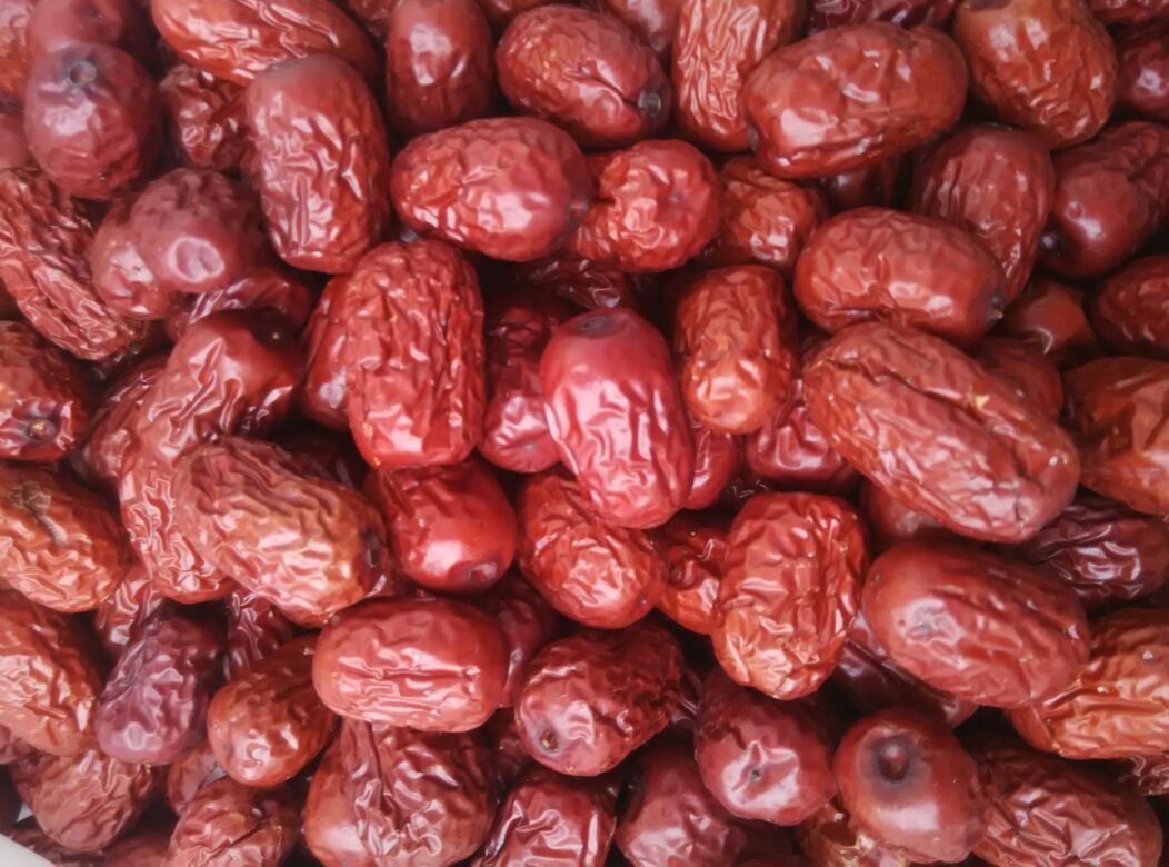 生美红枣特写：表面呈自然深褐红色，果皮微皱但完整无裂纹，果肉厚实呈琥珀色半透明状，可见清晰果核轮廓