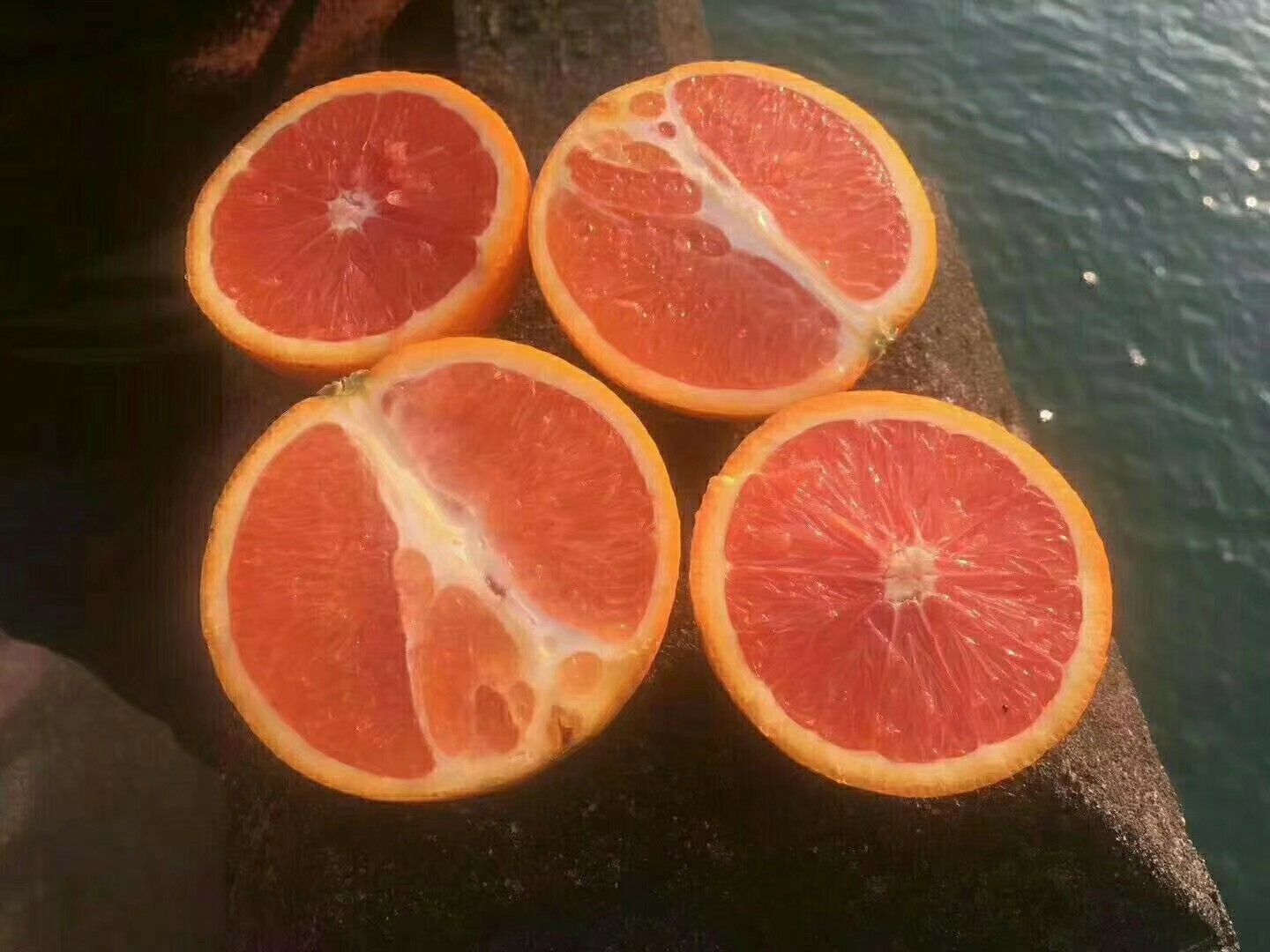 一张高清微距照片,展示切开的红心脐橙,露出鲜艳的红色果肉,汁水欲滴,周围摆放完整果实和几片果瓣,背景为木质桌面与绿叶点缀,突出水果的新鲜与诱人质感 红心脐橙果实特写展示图