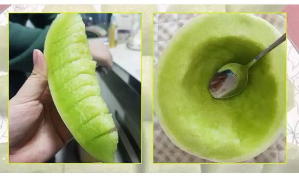 玉菇甜瓜果肉切块后采用速冻法保存,用于后续制作冷饮的场景 玉菇甜瓜切块冷冻保存示意图,透明密封袋中装有白色果肉块,背景为冰箱冷冻室内部