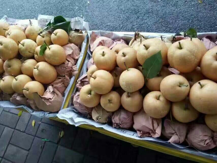 市场中堆满新鲜水晶梨的摊位