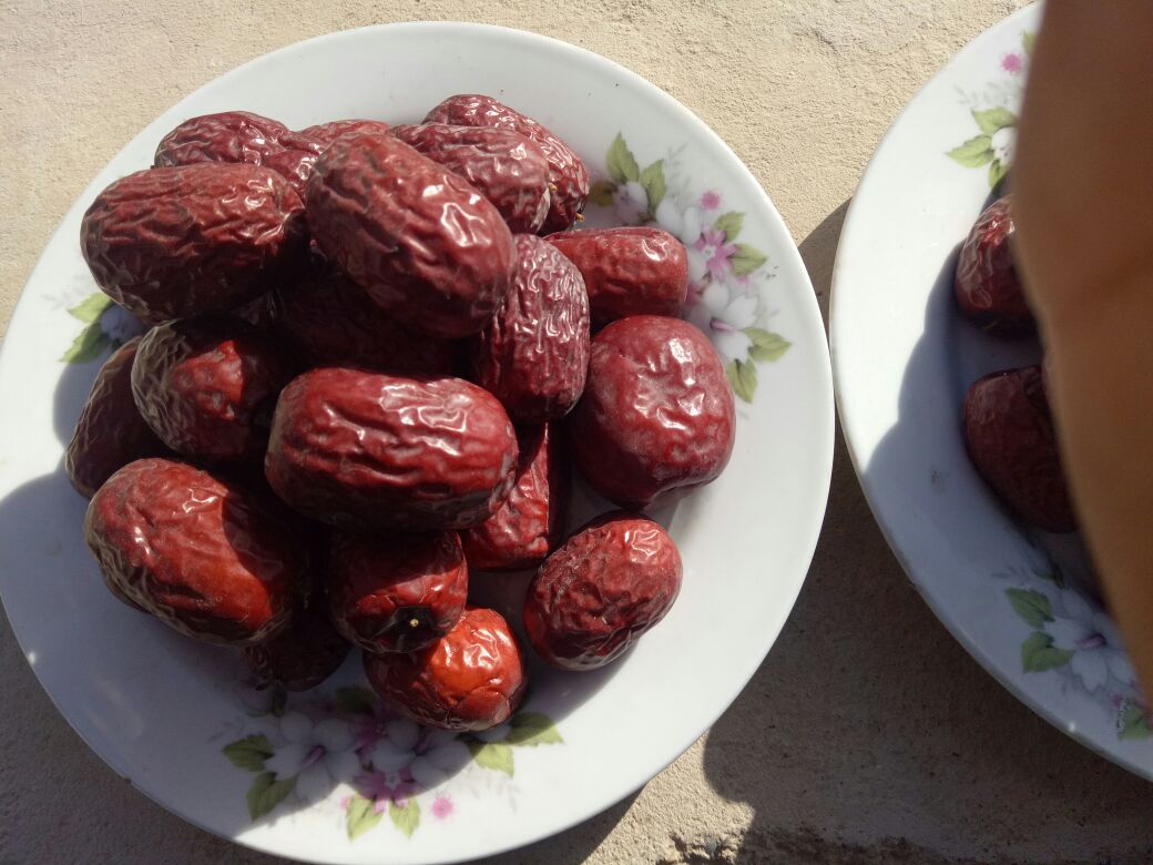 俯拍构图:左上角玻璃碗盛红枣酒蒸蛋(表面洒黑芝麻),右上角砂锅装红烧狮子头(酱汁浓亮),左下角玻璃杯分层展示酸奶燕麦杯(紫蓝莓粒清晰可见),右下角小碟盛放晶莹剔透的若羌红枣酒原液,背景虚化新疆若羌枣园 若羌红枣酒创意吃法组合图