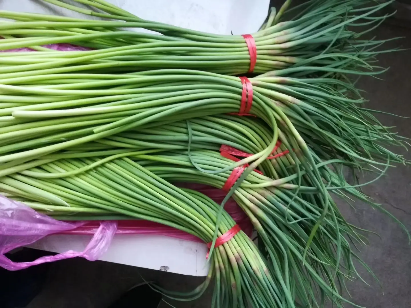 厨师正在将焯好水的蒜薹丝迅速倒入装有冰块的玻璃碗中冷却，动作流畅，水面泛起涟漪，蒜薹呈鲜绿色