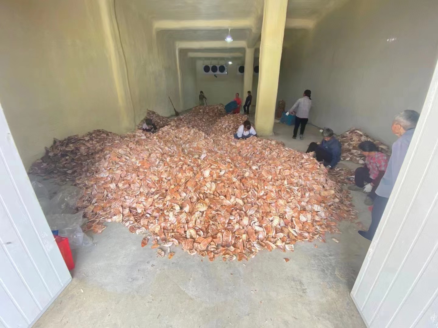 工人在作坊中将竹笋壳进行分类和压制定型