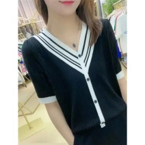 冰丝T恤女夏季2023新款大码宽松套头拼色针织短袖V领镂