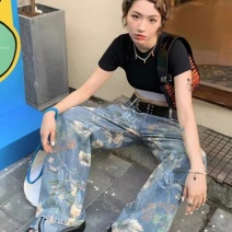 现货~夏季新款花朵图案高腰阔脚牛仔裤女
