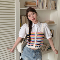 价新款设计感韩版别致拼色条纹假两件上衣针织衫短袖衬衫