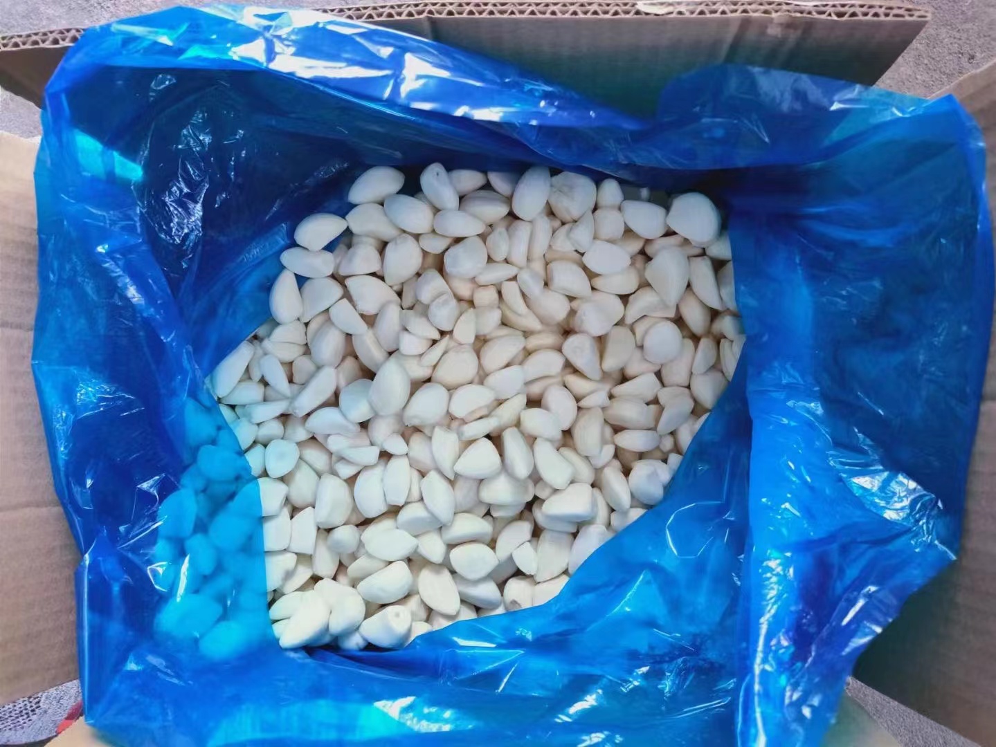 玻璃密封罐内盛放剥好的蒜瓣，部分被橄榄油浸没，罐子标签标注“去皮蒜 冷藏”字样，置于冰箱 shelves 上