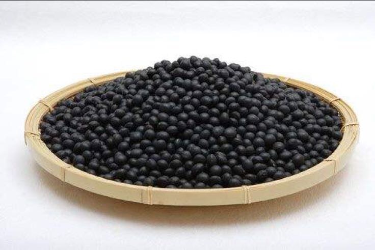 一盘新鲜煮熟的黑色豆粒,表面光滑有光泽,背景为木质砧板,旁边摆放一小撮未煮的干黑豆,展示黑豆的原始形态与烹饪后状态对比 黑豆特写