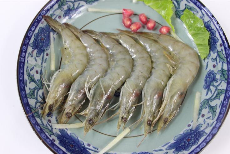 一张木质餐桌上的两道虾类菜肴特写:左侧为整只清蒸中国对虾,色泽红润,虾尾展开呈扇形;右侧为去壳白灼南美白对虾仁,整齐码放于青花瓷盘中,旁边配有姜丝、柠檬角和酱油碟。背景虚化,营造温馨用餐氛围 家庭餐桌上摆放着两道成品菜:一盘清蒸中国对虾红亮诱人,另一盘白灼南美白对虾配柠檬片与蘸料