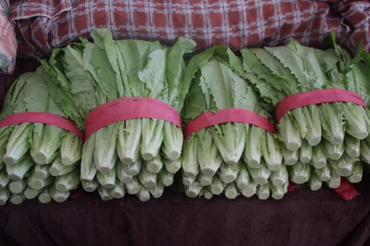 红菜苔在农贸市场摊位上,展示其新鲜状态与自然摆放 红菜苔在菜市场摊位上