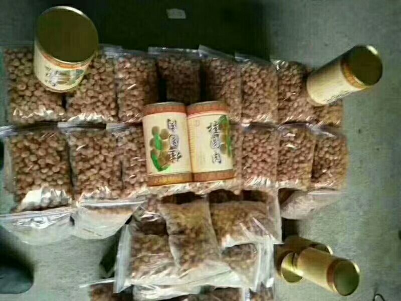 一组透明密封罐中的干桂圆整齐排列,旁边配有纸质标签注明产地、生产日期和保质期信息,背景为浅色木质橱柜,展示正确的家庭储存方法 干桂圆包装与储存方式示意图