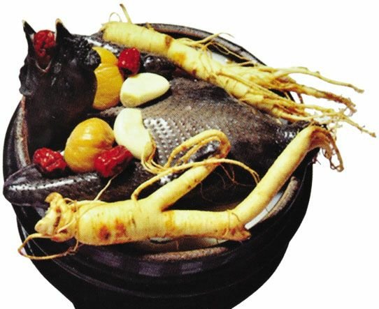 厨房中使用长白山鲜人参制作养生炖品的过程展示