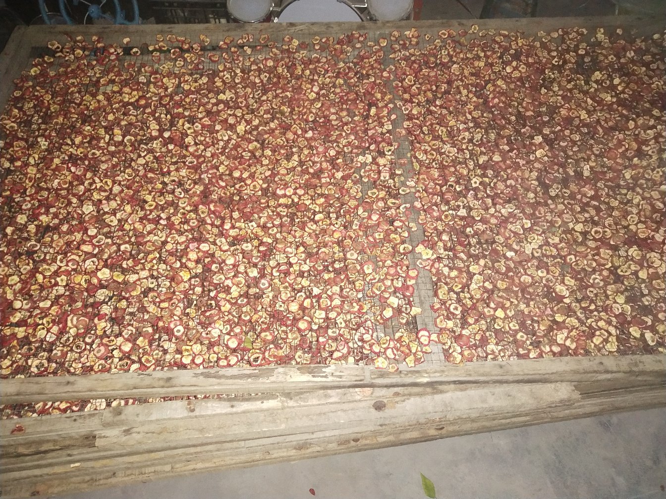 俯拍全景图:阳光斜射下的竹编晾晒架,三层通透网格上均匀铺展着数百片山楂干;近景清晰可见果片呈均匀深红褐色,表面干爽无反光水渍,边缘微翘、中心略厚,无褐斑、无霉点、无粘连;背景为淡蓝天空与几缕薄云,环境洁净干燥 自然晾晒中的山楂干特写