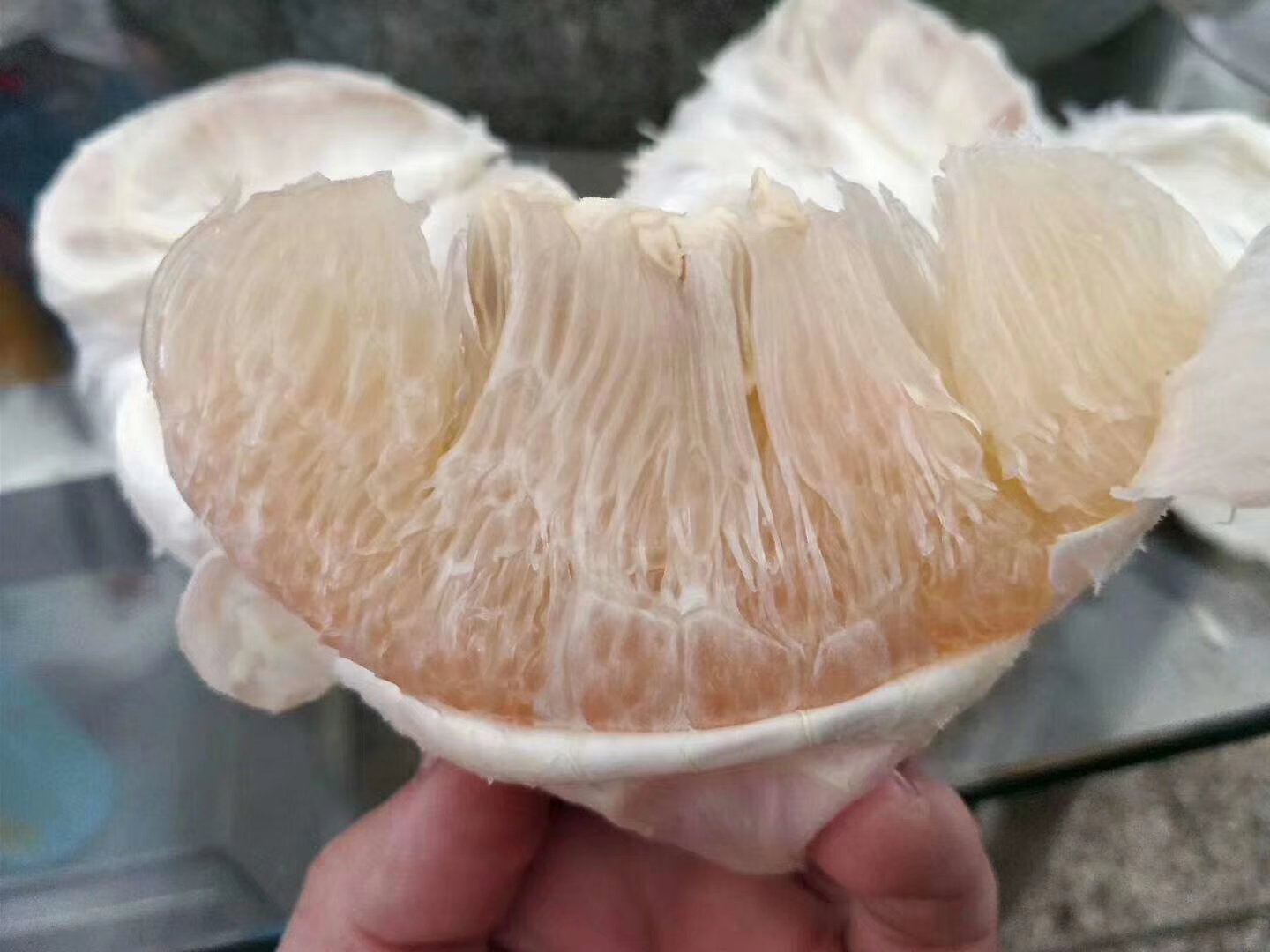 沙田柚皮特写图,展示其厚实的外皮与纹理 沙田柚皮特写