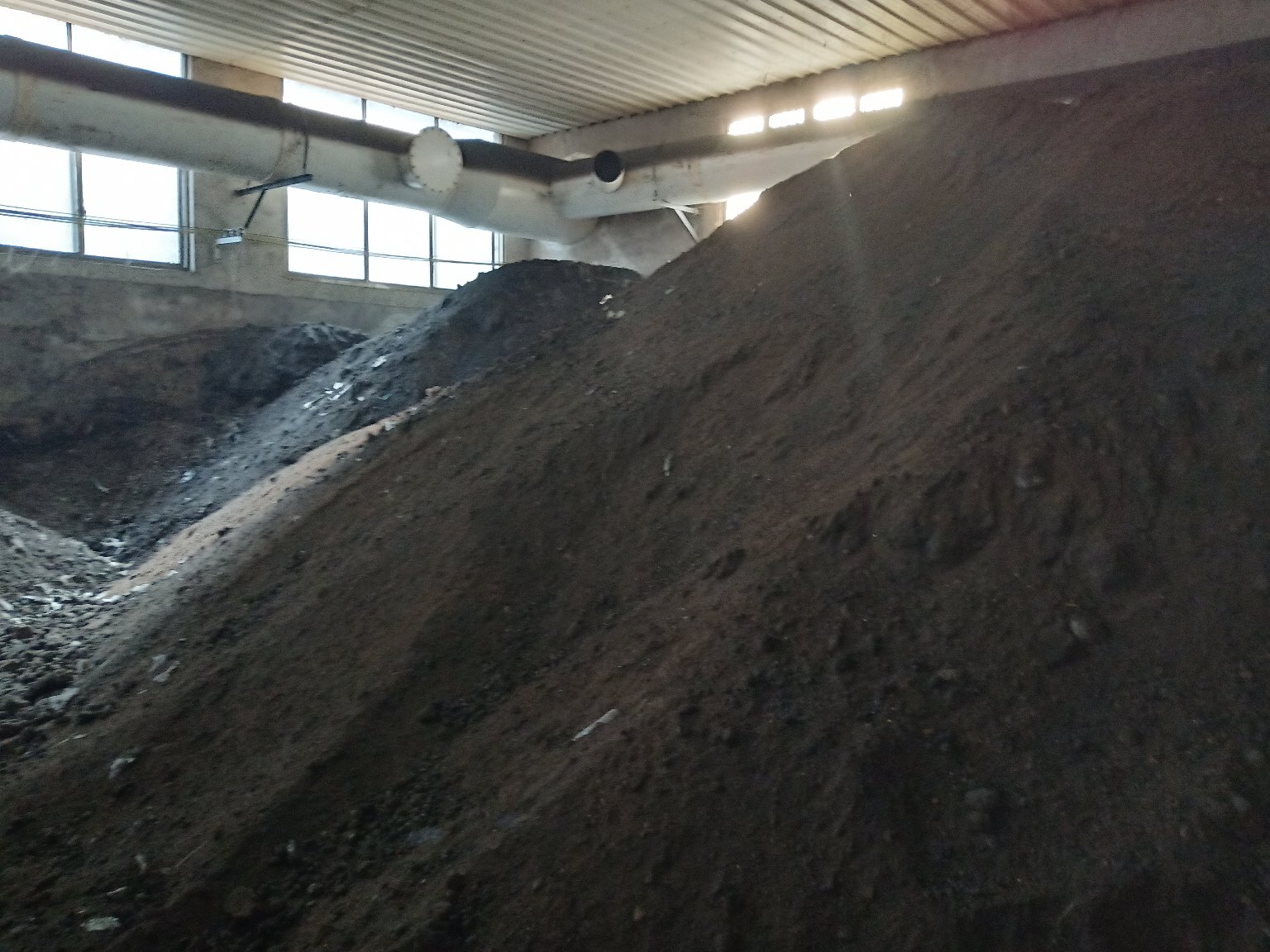 展示一个标准的腐熟发酵大豆堆肥现场,包含分层堆放的黄豆原料、添加菌剂后的翻堆作业、温湿度监测设备插入堆体中部,背景为遮雨棚和通风通道,体现科学化管理流程 腐熟发酵大豆堆肥过程示意图