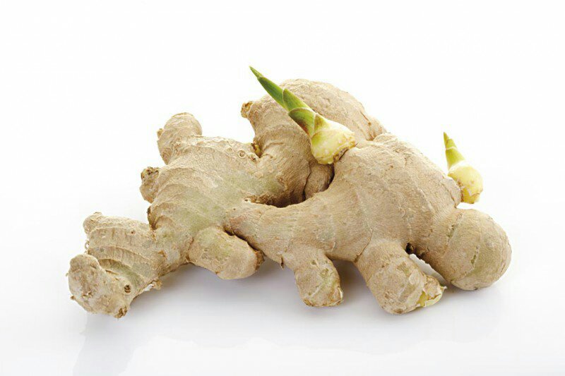 一块新鲜生姜表面出现细小绿色嫩芽,芽点从表皮凸起,背景为木质砧板,光线柔和,突出生姜发芽的细节 生姜发芽特写