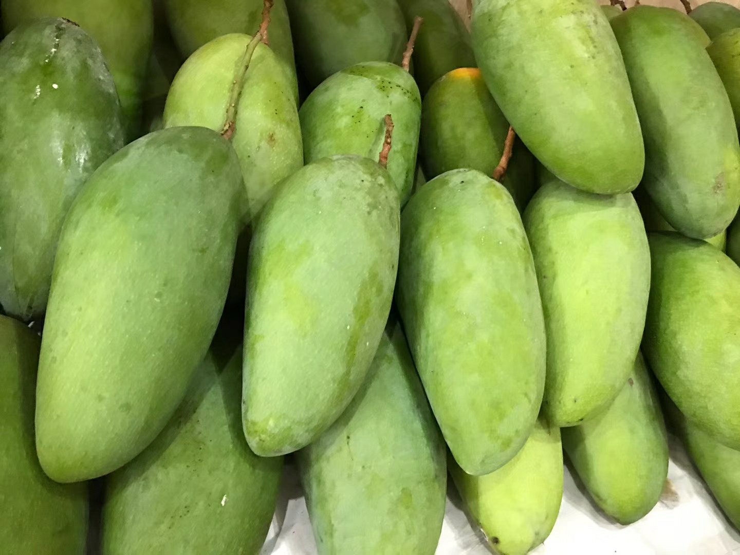 一个露天水果市场的摊位上整齐摆放着数十个青绿色的大青芒,堆成小山状。背景可见其他热带水果如香蕉、木瓜,摊主正在称重销售,顾客围观选购,体现大青芒的热销场景 市场摊位上的大青芒展示