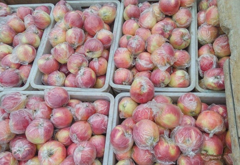 消费者在水果市场挑选嘎啦苹果场景