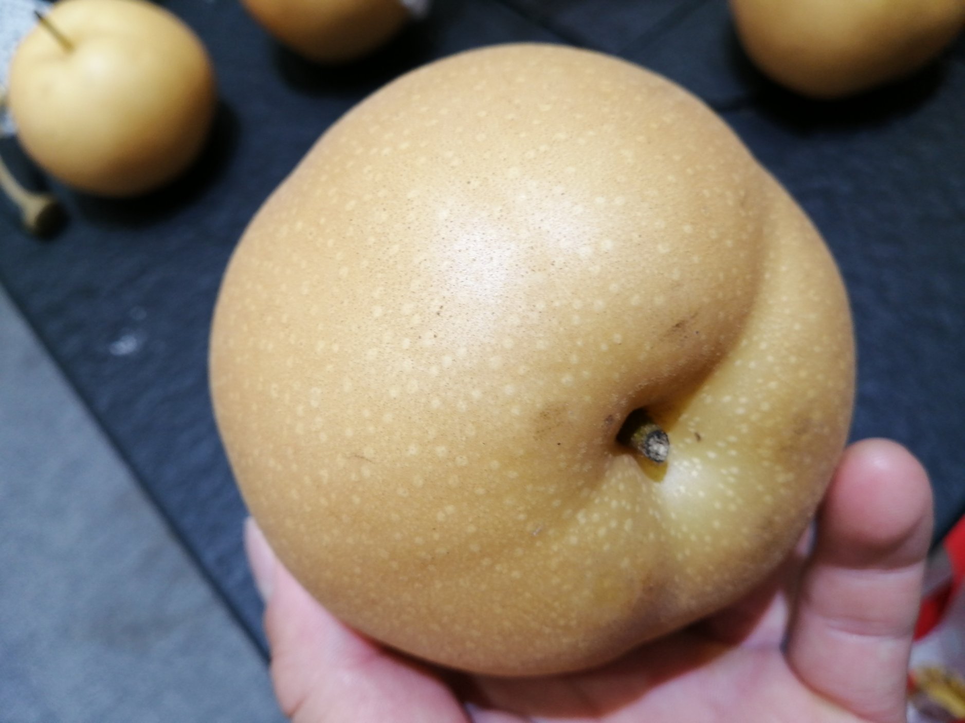 特写镜头:丰水梨顶部果梗区域,可见深绿色、纤维清晰的鲜活果梗,末端微带绒毛;果肩过渡平滑,无塌陷或裂纹;萼片呈浅褐色干枯状,自然附着。背景虚化,突出质感细节 丰水梨果梗特写:新鲜果梗青绿挺直,附着少量干枯萼片;果肩圆润饱满,无皱缩