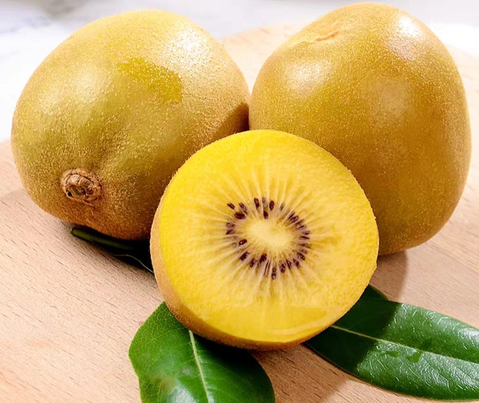 一个成熟的黄心猕猴桃被横向切开,露出明亮金黄色的果肉,中心有放射状黑色小籽,果肉饱满多汁,边缘略带淡绿色过渡,背景为浅木色餐桌,自然光线下拍摄,突出其新鲜质感与视觉吸引力 黄心猕猴桃切开特写