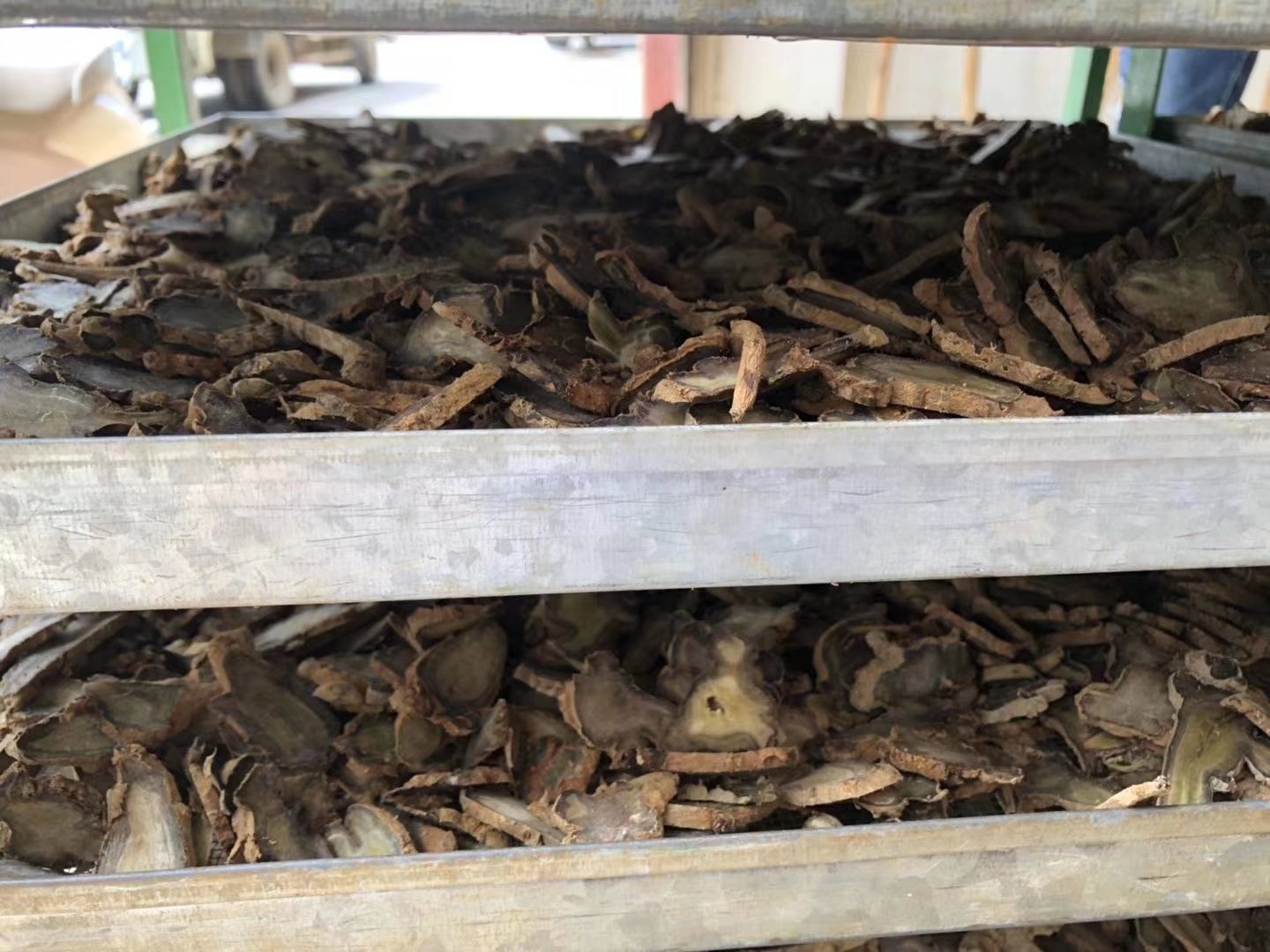 高清微距图:三七切片平铺于竹匾,背景为恒温35℃干燥机出风口,可见切片边缘微翘、表面干燥无反光,体现'低温去湿不伤皂苷'的关键工艺细节 三七预烘处理特写